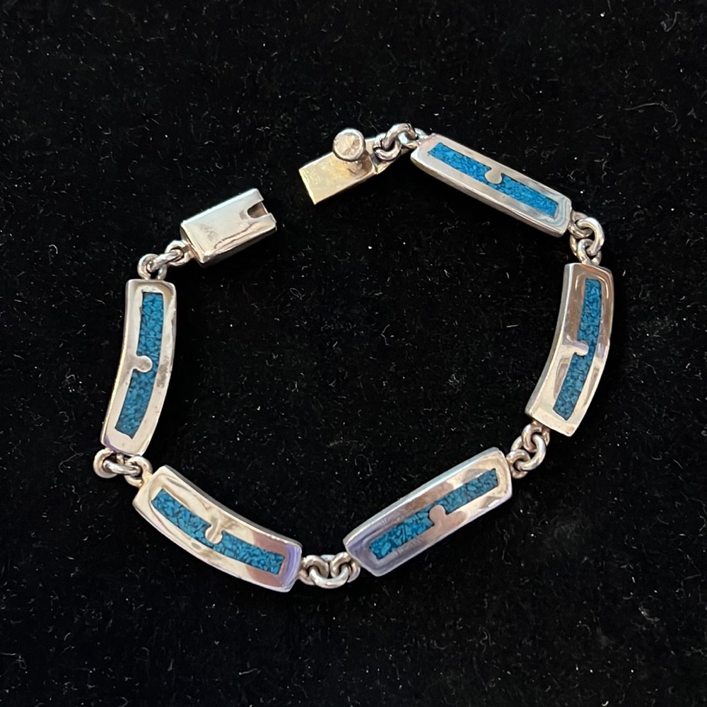Vintage TC-44 Mexico Sterling Silver and Crushed Turquoise mosaic Link Bracelet